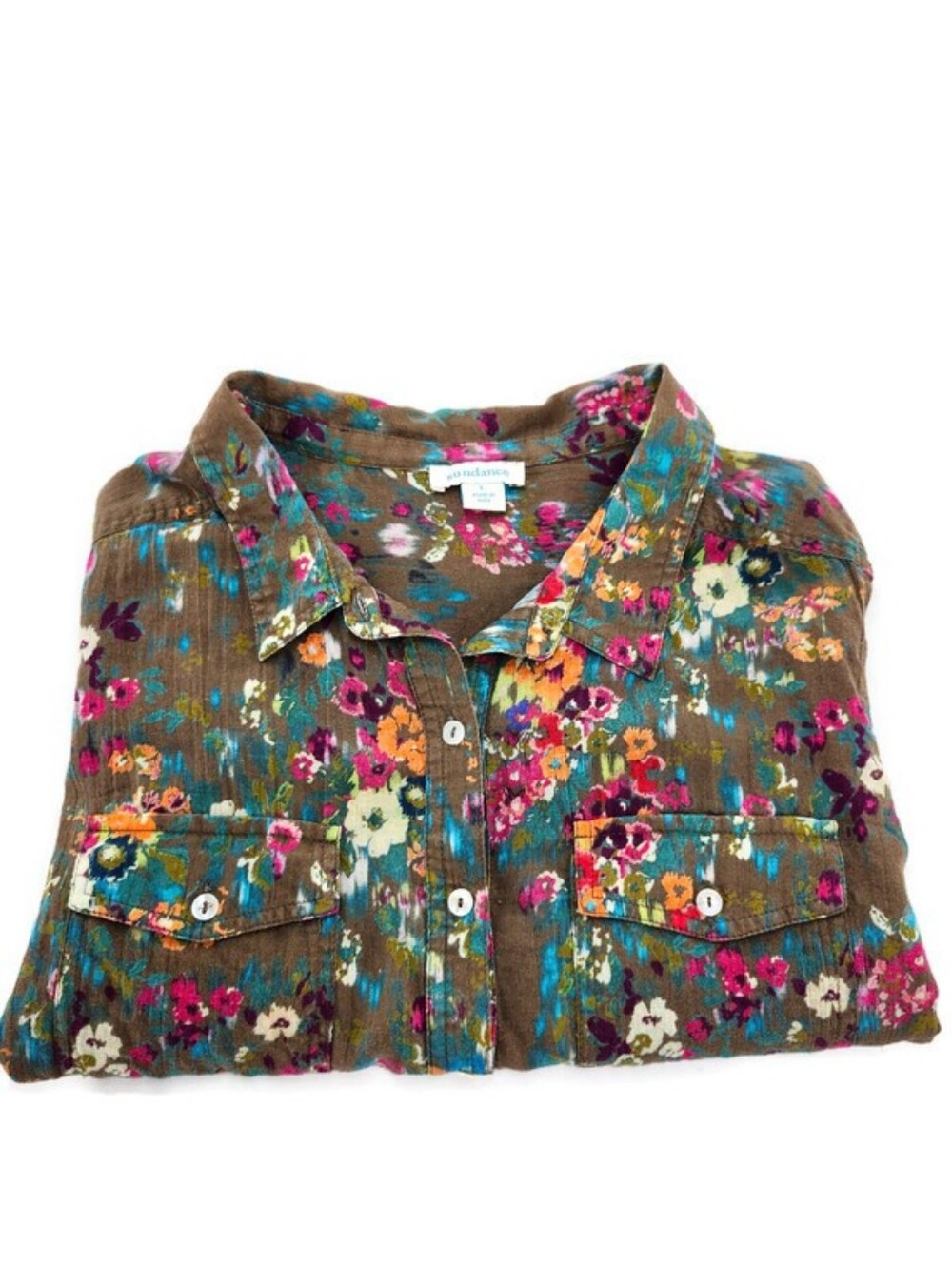 Sundance Olive Floral Joy 100% Cotton Lighweight Long Sleeve Button Down Blouse - Picture 4 of 11